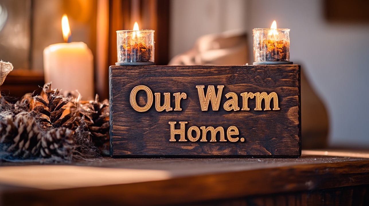 wooden sign our warm home