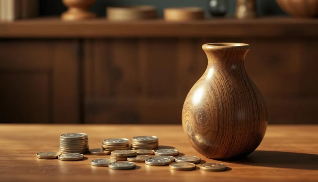 Wooden vase with coins