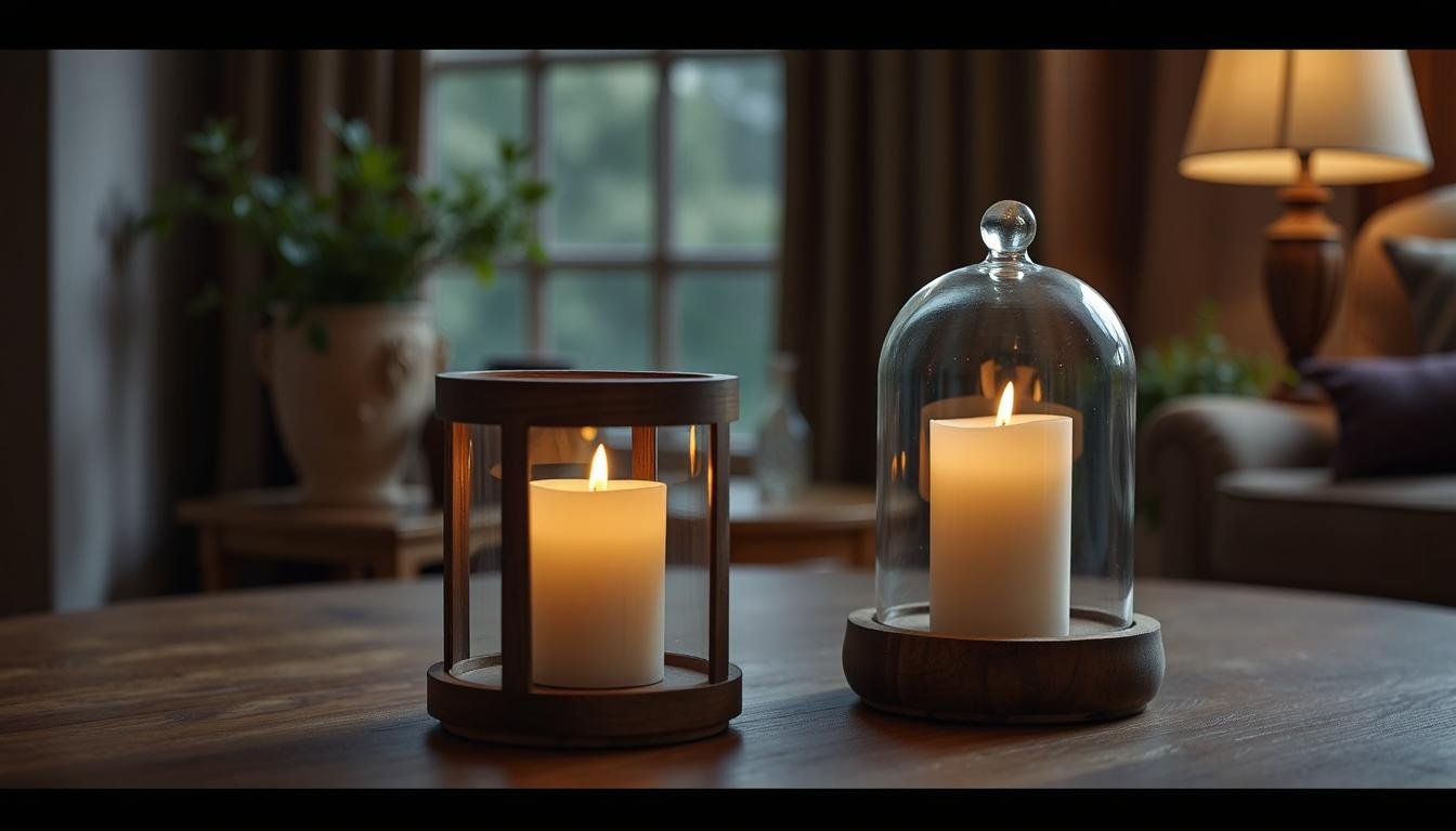 wood and glass Hurricane Candle Holders