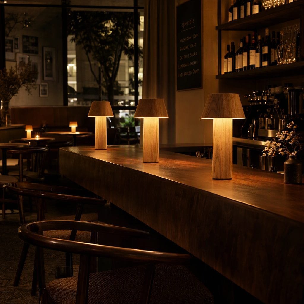 Rechargeable wooden lamp in cafe