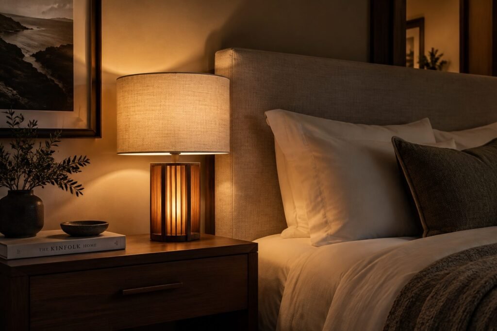 Wooden ambience lamp on hotel bedside at night