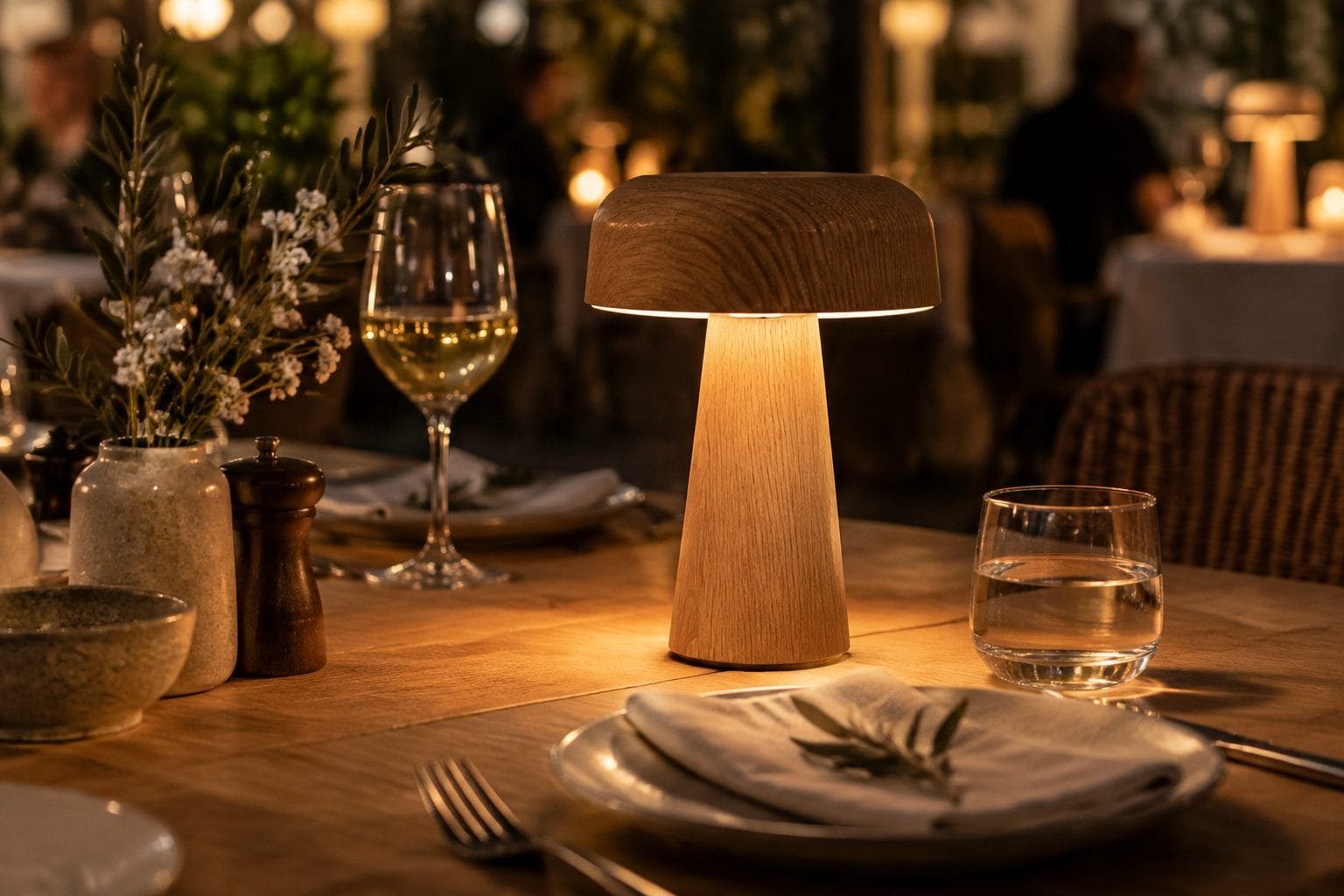 Wooden ambience lamp on restaurant table at evening